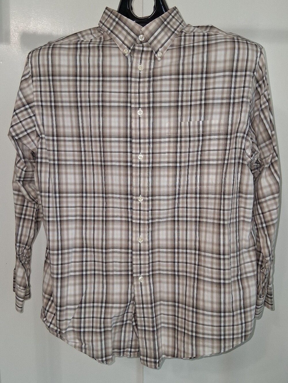 Roundtree & Yorke Light Tan and Brown Plaid Button-Down Shirt Sz L
